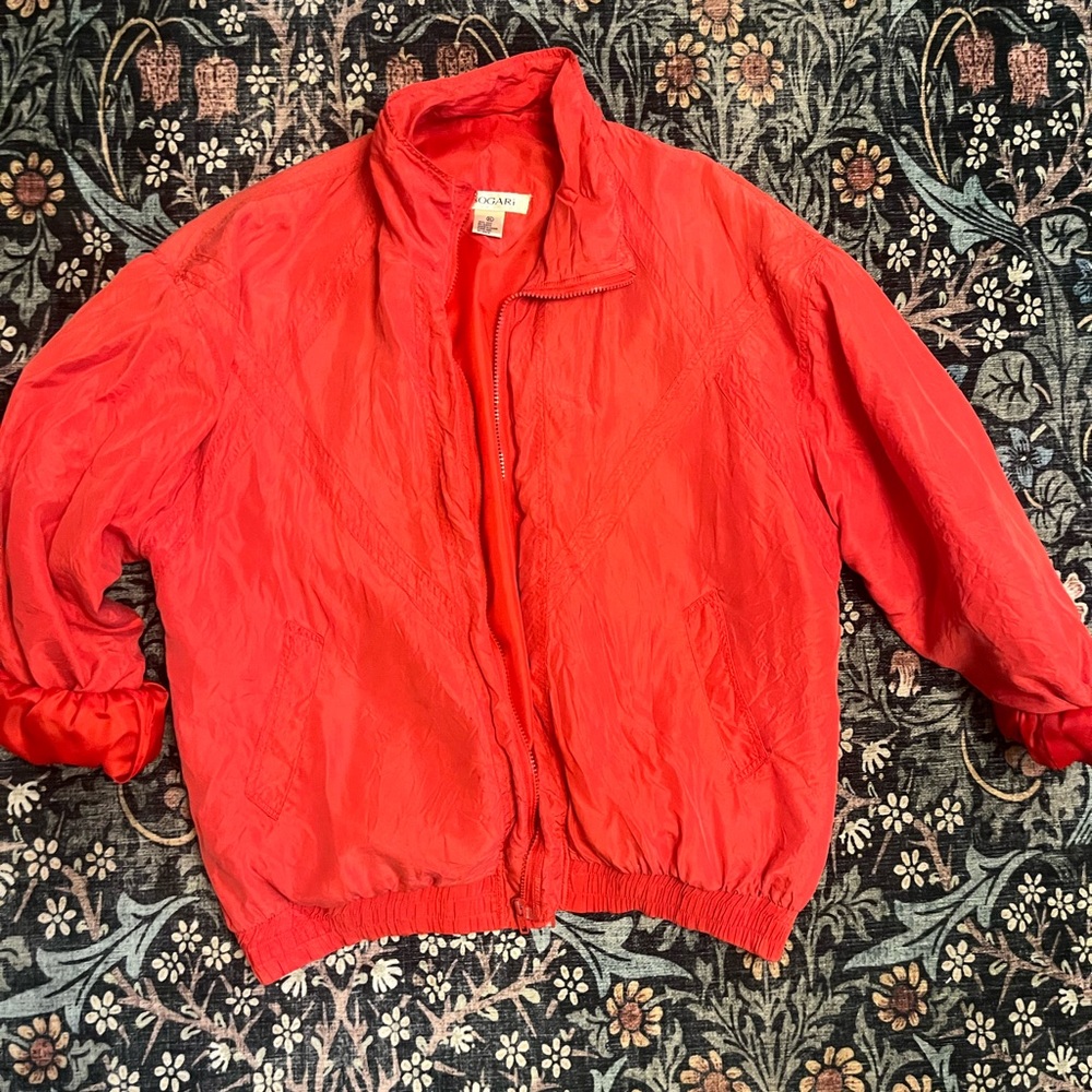 🔥 Vintage Bogari 100% Silk Windbreaker Jacket (XL) – Bright Red, Shoulder Pads